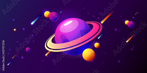 Fantasy colorful art with planets, rings, stars and comets. Cool cosmic background for game or poster design