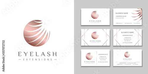 Eyelash extension logo with white lashes in bronze circle and a set of business cards. Design brand for beauty salon, lashes and eyebrows artist