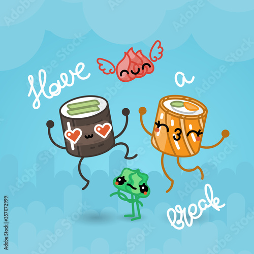 Kawaii sushi poster with cute sushi characters