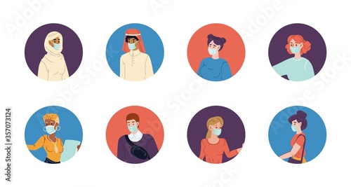 People wearing protective facial mask avatar set