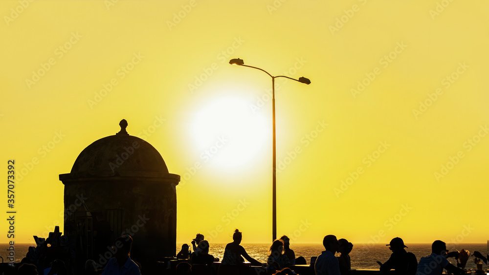 Closeup of silhouette of people enjoying at sunset