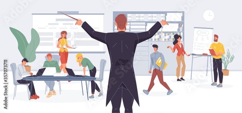 Businessman conductor manage office work metaphor