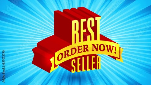 3d formation with lettering for publicity on best seller asking to order now floating on sunburst background