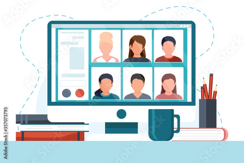 Group of people doing video conference on the computer screen. Online meeting via group call. Dialogue or conversation between colleagues or clerks. Flat cartoon colorful vector stock illustration.