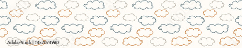 

Seamless background cloud banner. Gender neutral baby border pattern. Simple whimsical minimal earthy 2 tone color. Kids nursery edging or boho nature star fashion ribbon trim.