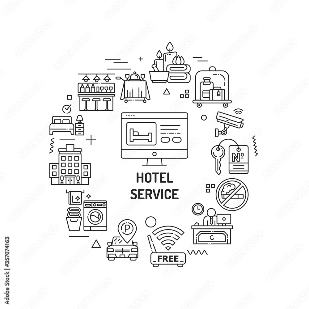 Hotel service web banner. Amenities for for guests. Hotel resort. Reservation apartament. Infographics with linear icons on white background. Creative idea concept Isolated outline black illustration