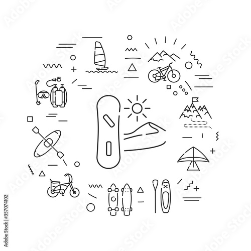 Extreme sport web banner. Activities perceived as involving a high degree of risk. Infographics with linear icons on white background. Creative idea concept.