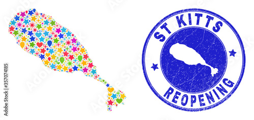 Celebrating St Kitts Island map collage and reopening unclean stamp seal. Vector collage St Kitts Island map is formed from random stars, hearts, balloons.
