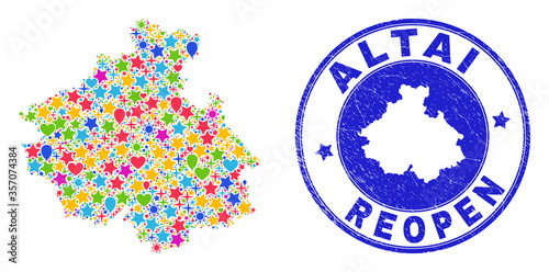 Celebrating Altai Republic map collage and reopening rubber watermark. Vector mosaic Altai Republic map is designed of random stars, hearts, balloons.