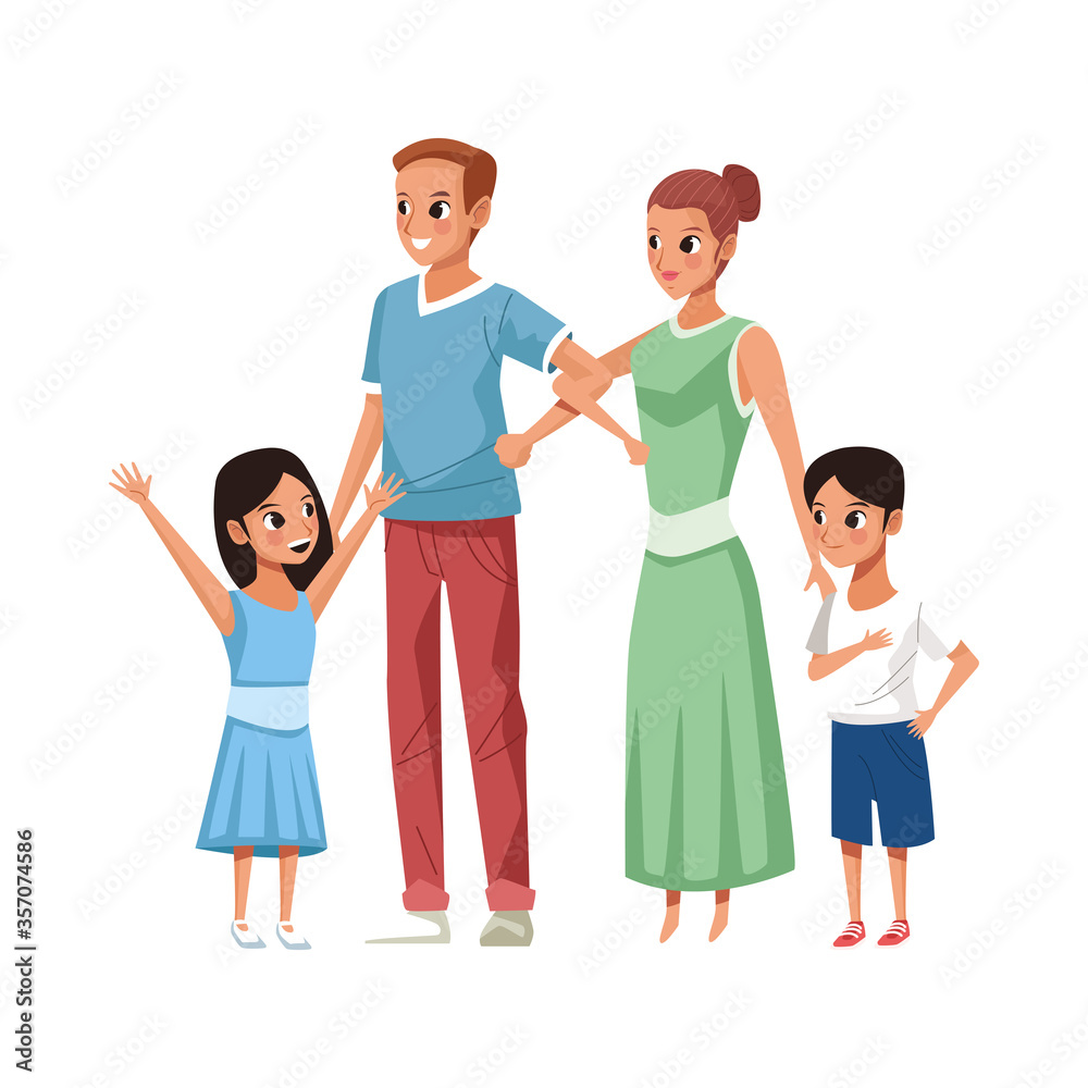 young parents with little son and daughter characters