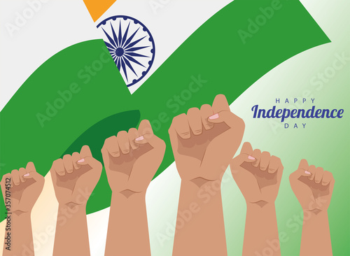 india happy independence day celebration card with hands up people