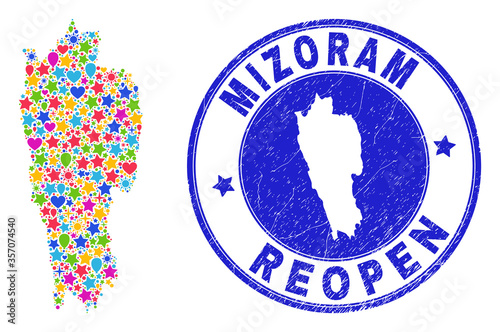 Celebrating Mizoram State map collage and reopening dirty watermark. Vector collage Mizoram State map is made with randomized stars, hearts, balloons.