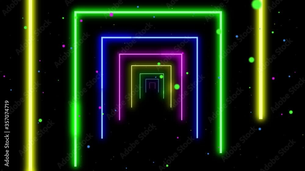 Abstract background with neon tunel bright lines geometric shapes, looped animation. Neon lights grid loop with particles at dark blurred background.