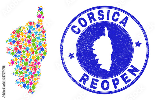 Celebrating Corsica map mosaic and reopening corroded seal. Vector mosaic Corsica map is constructed with random stars, hearts, balloons. Rounded awry blue seal with corroded rubber texture.
