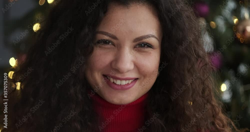 Portrait of happy woman in red turtleneck sweater Portrait of happy woman in red turtleneck sweater