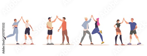 Happy positive people giving high five isolated set. Cheerful smiling casual young man woman friends making informal greeting. Happiness joy expression in agreement. Communication  friendship relation