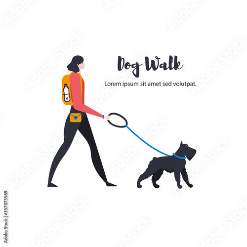 Сartoon style icons of mittelschnauzer and personal dog-walker with text. Cute girl with a pet outdoors.