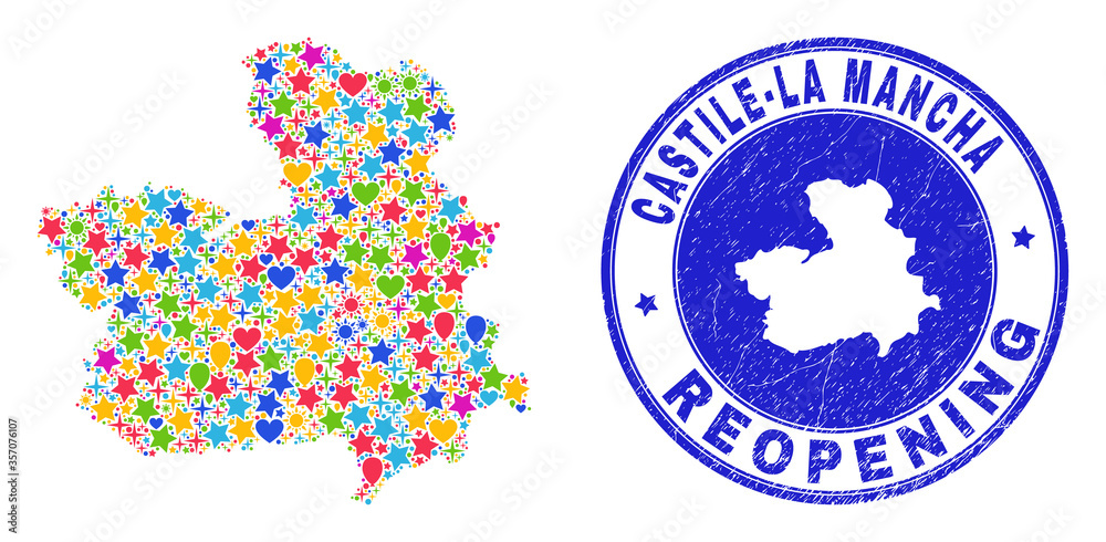 Celebrating Castile-La Mancha Province map mosaic and reopening grunge watermark. Vector mosaic Castile-La Mancha Province map is designed with scattered stars, hearts, balloons.