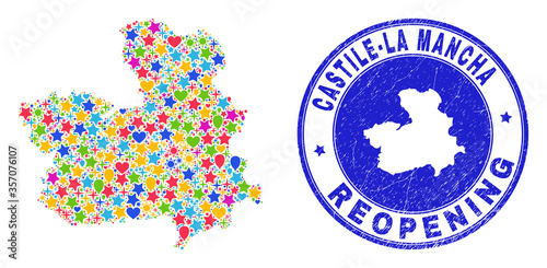 Celebrating Castile-La Mancha Province map mosaic and reopening grunge watermark. Vector mosaic Castile-La Mancha Province map is designed with scattered stars, hearts, balloons.