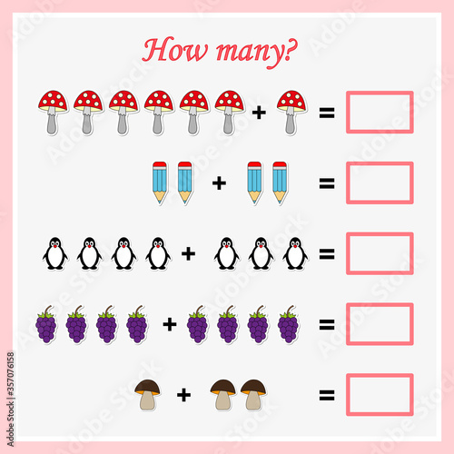 Worksheet. Mathematical puzzle game. Learning mathematics, tasks for addition  for preschool  children. worksheet for preschool kids - vector