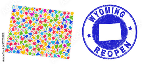 Celebrating Wyoming State map mosaic and reopening grunge watermark. Vector mosaic Wyoming State map is formed of scattered stars, hearts, balloons.
