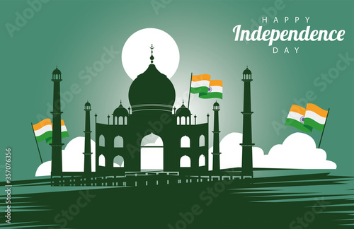 india happy independence day celebration card with mosque and flags