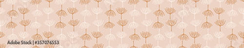 Seamless background dandelion seed banner. Gender neutral baby pattern. Simple whimsical minimal earthy 2 tone color. Kids nursery flower border or boho fashion tribbon trim