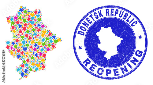 Celebrating Donetsk Republic map mosaic and reopening rubber watermark. Vector mosaic Donetsk Republic map is created of random stars, hearts, balloons.