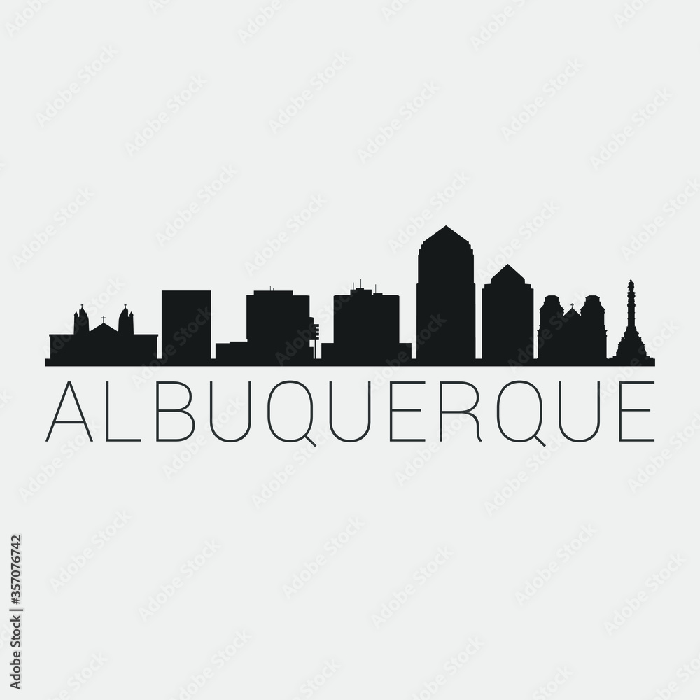 Albuquerque New Mexico City. The Skyline in Silhouette of City. Black Design Vector. The Famous and Tourist Monuments. The Buildings Tour in Landmark.