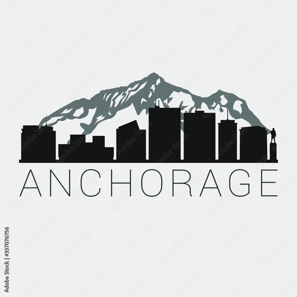 Anchorage Alaska City . The Skyline in Silhouette of City. Black Design Vector. The Famous and Tourist Monuments. The Buildings Tour in Landmark.