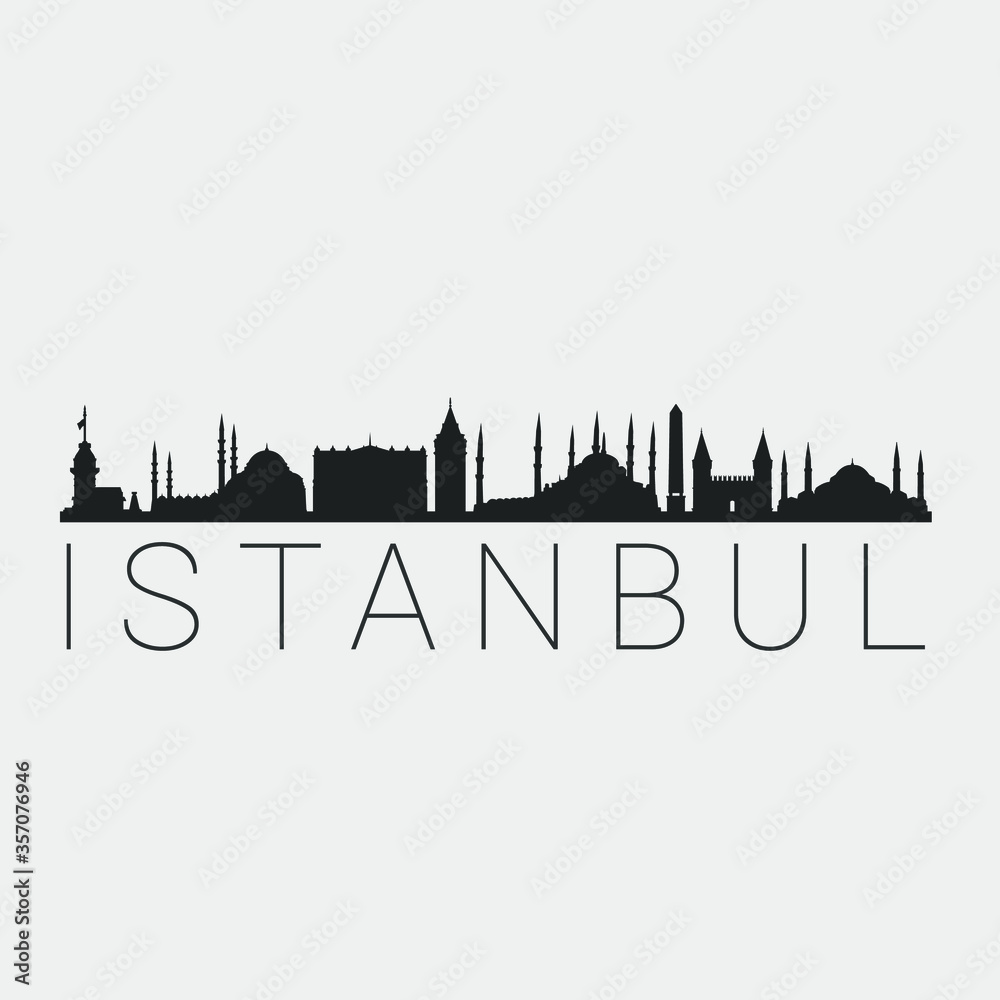 Fototapeta premium Istanbul Turkey. The Skyline in Silhouette of City. Black Design Vector. The Famous and Tourist Monuments. The Buildings Tour in Landmark.