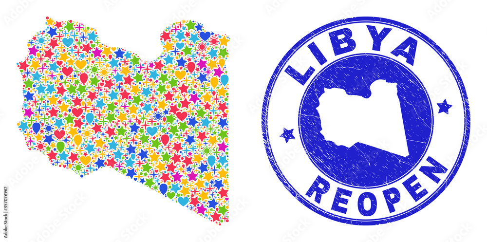 Celebrating Libya map collage and reopening rubber stamp seal. Vector collage Libya map is done of randomized stars, hearts, balloons. Rounded crooked blue stamp imprint with distress rubber texture.
