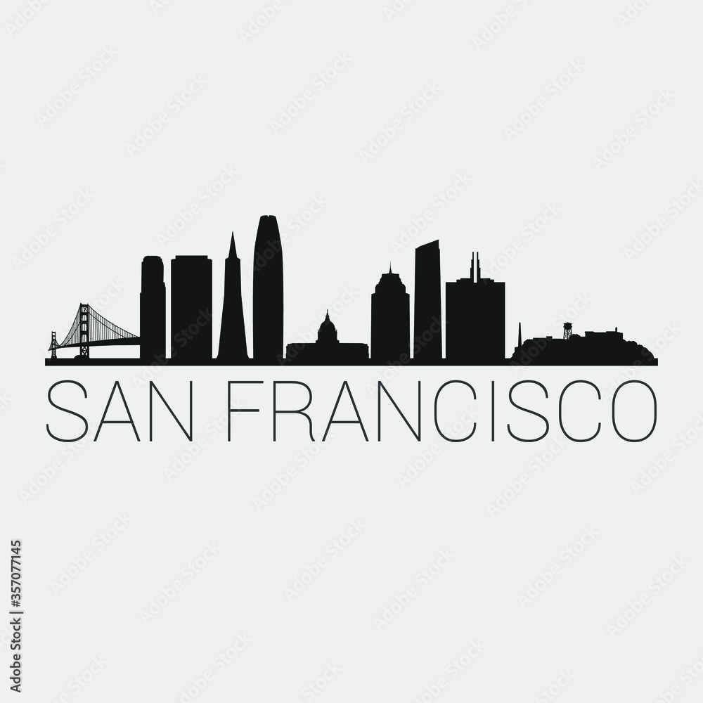 San Francisco California. The Skyline in Silhouette of City. Black Design Vector.  