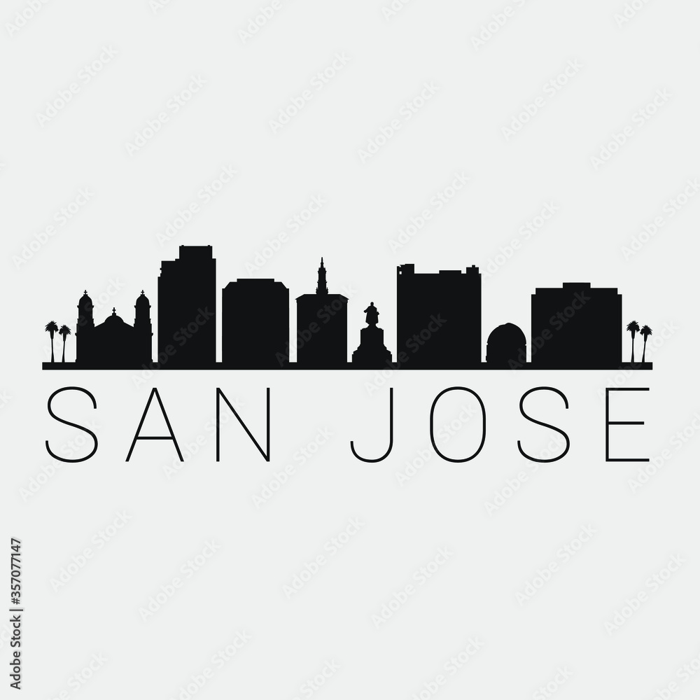 San Jose California. The Skyline in Silhouette of City. Black Design Vector. The Famous and Tourist Monuments. The Buildings Tour in Landmark.