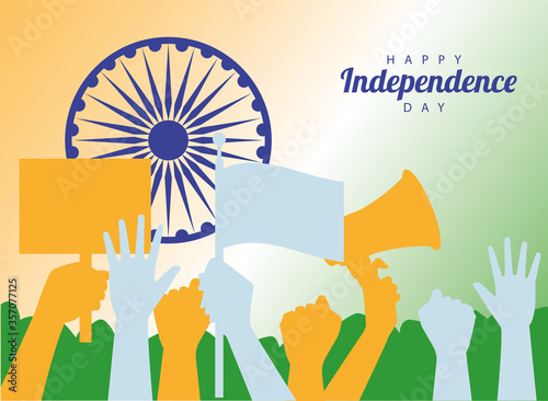 india happy independence day celebration card with hands up people photo