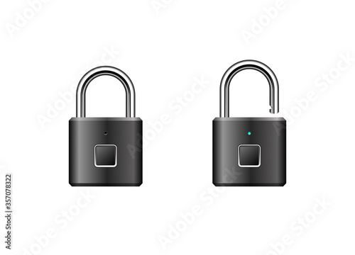 Fingerprint padlock vector illustration. Keyless USB rechargeable smart padlock design. Intelligent security lock. 3D looking EPS 10 vector design. Locked and unlocked modes with LED indicator.