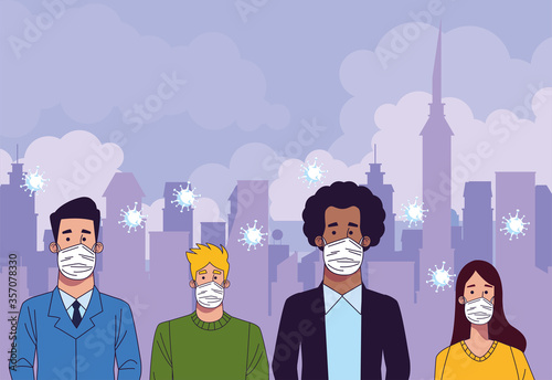 young interracial people wearing medical masks characters