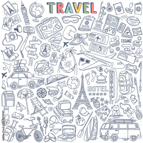 Travel doodles set. Hand drawn sketchy icons collection. Symbols of tourism - transportation, landmarks, luggage, hotel, souvenirs, destinations. Vector illustration isolated on white background