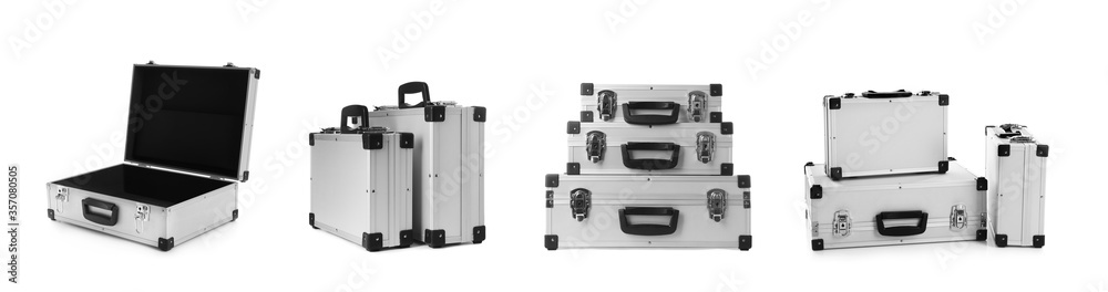 Set of modern suitcases on white background. Banner design Set of modern suitcases on white background. Banner design