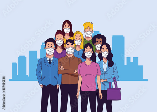 young interracial people wearing medical masks characters