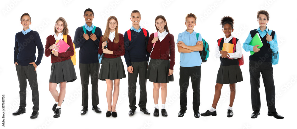 Children in school uniforms on white background. Banner design