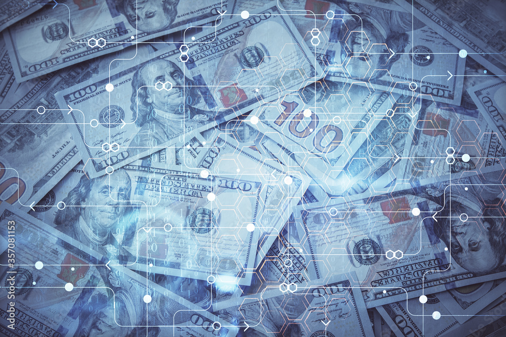 Double exposure of data theme drawing over us dollars bill background. Technology concept. Double exposure of data theme drawing over us dollars bill background. Technology concept.