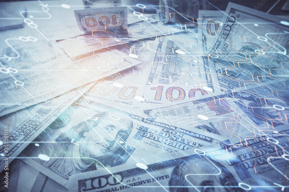 Double exposure of data theme drawing over us dollars bill background. Technology concept. Double exposure of data theme drawing over us dollars bill background. Technology concept.