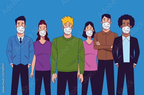 young interracial people wearing medical masks characters