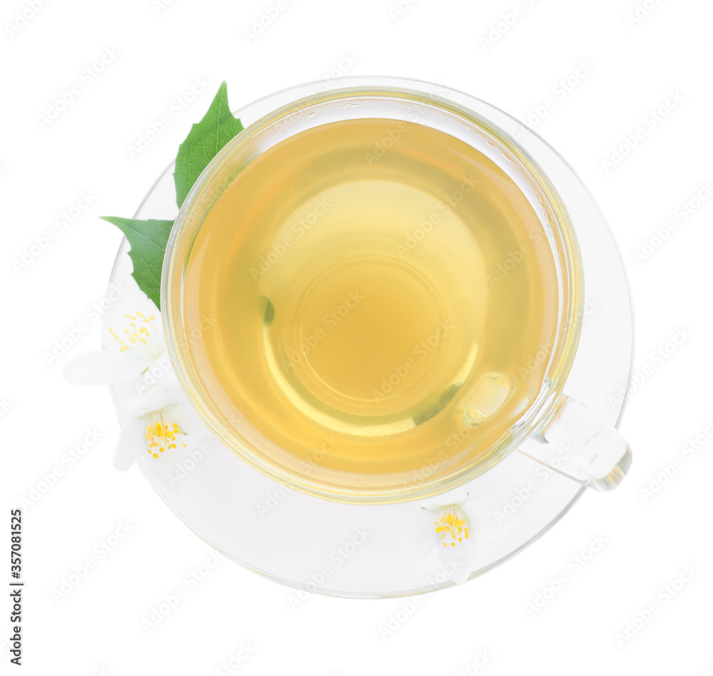 Cup of tea and fresh jasmine flowers isolated on white, top view Cup of tea and fresh jasmine flowers isolated on white, top view
