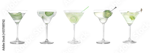 Set of tasty martini cocktails with cucumbers on white background, banner design