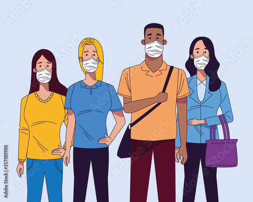 young interracial people wearing medical masks characters