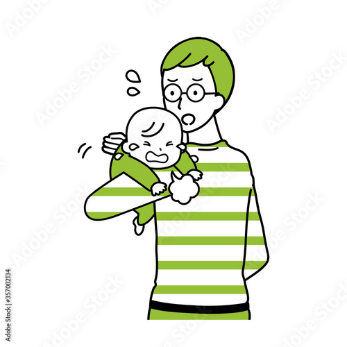 Illustration of a man making a baby burp.