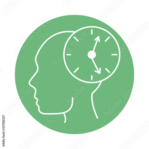 alzheimer disease, person in profile, clock time confusion, decreased human mental capacity color block style icon