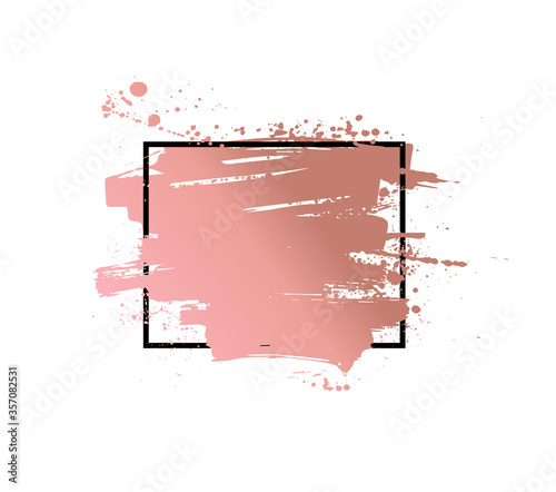 Gold rose grunge with frame. Artistic dirty design element, frames for text. Logotype, picture frame, flyers, covers, cards, advertising signs. Ink brush strokes. Vector illustration template 